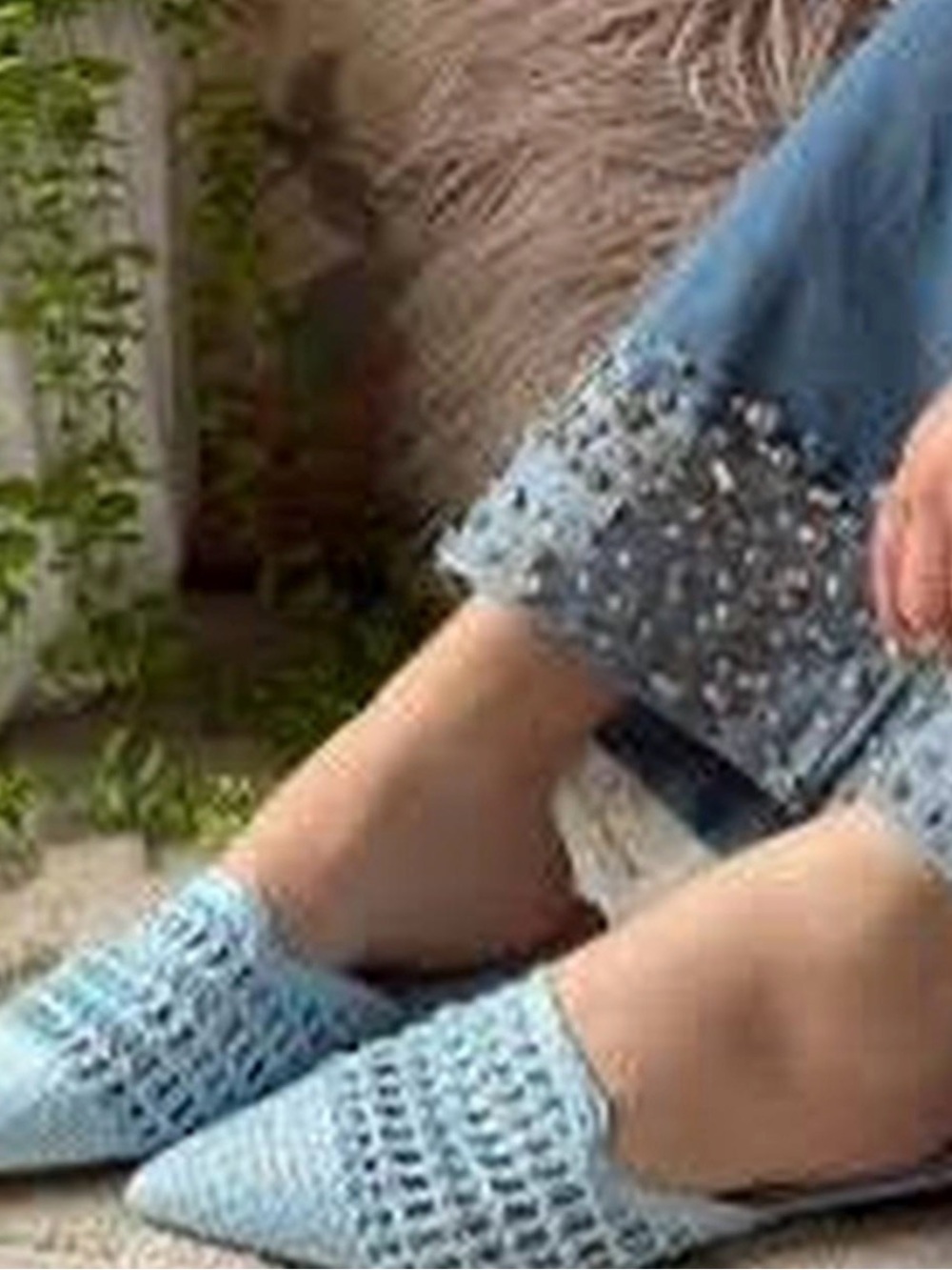 Light Blue Crochet Pointed Toe Slip-On Flats